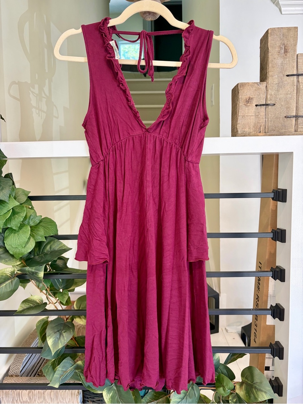 Earthbound Burgundy Ruffle Plunge Open Back Boho Midi Dress Small
